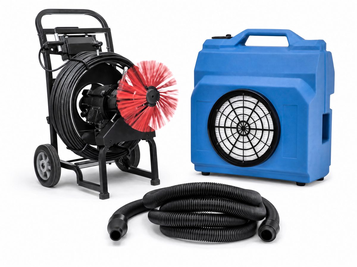 Rotary duct brush machine, HEPA air scrubber and vacuum hose