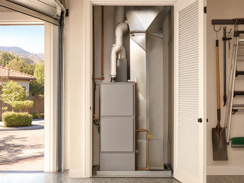 Modern gas furnace in a garage utility closet