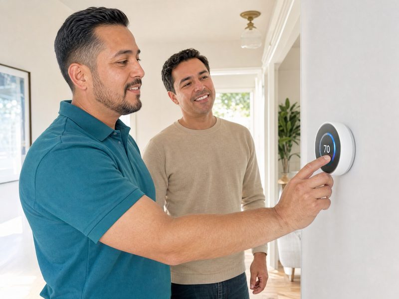 Technician adjusting a smart thermostat for a homeowner